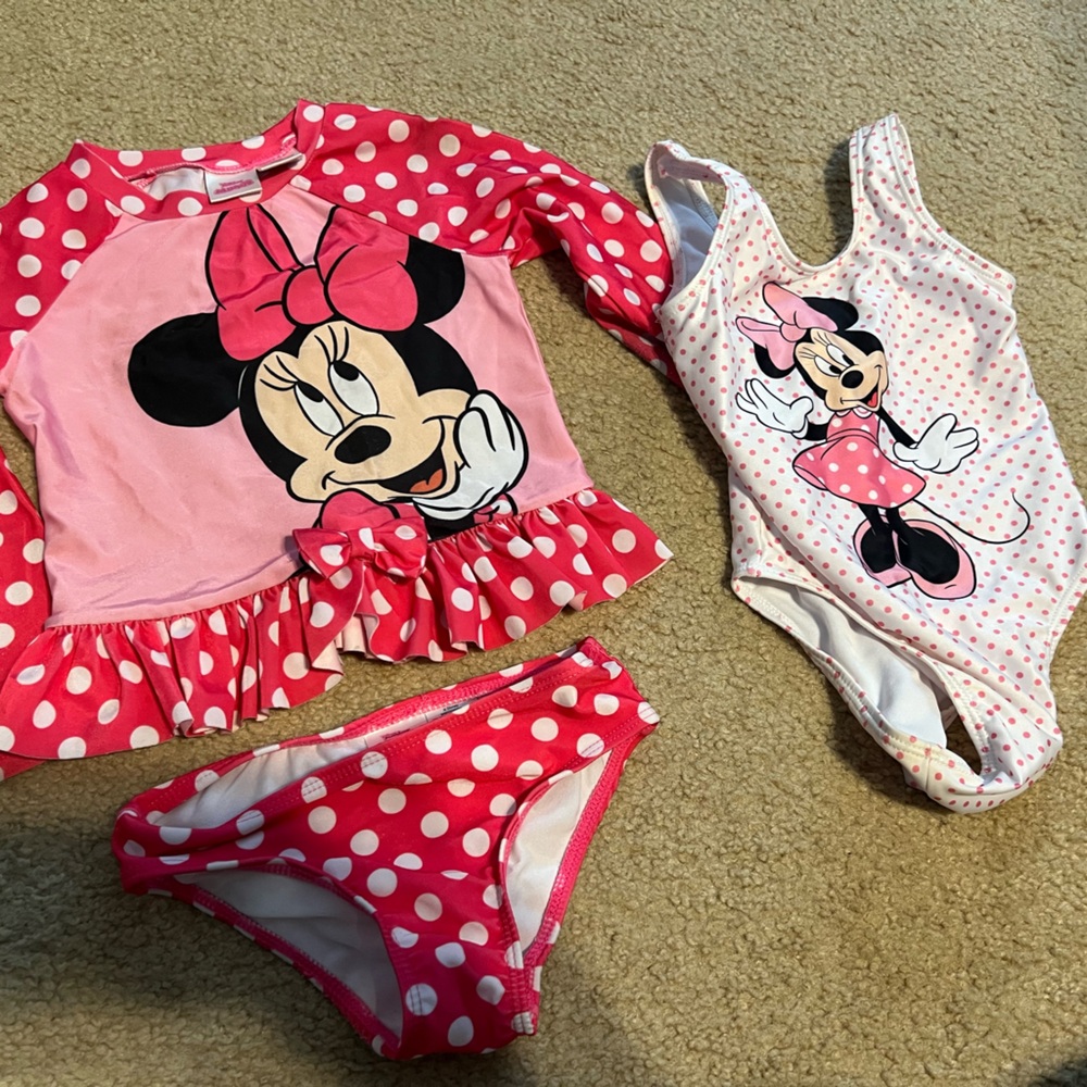 Minnie Mouse swim suits - 4T - suit, rashguard with bottom and Flip Flops